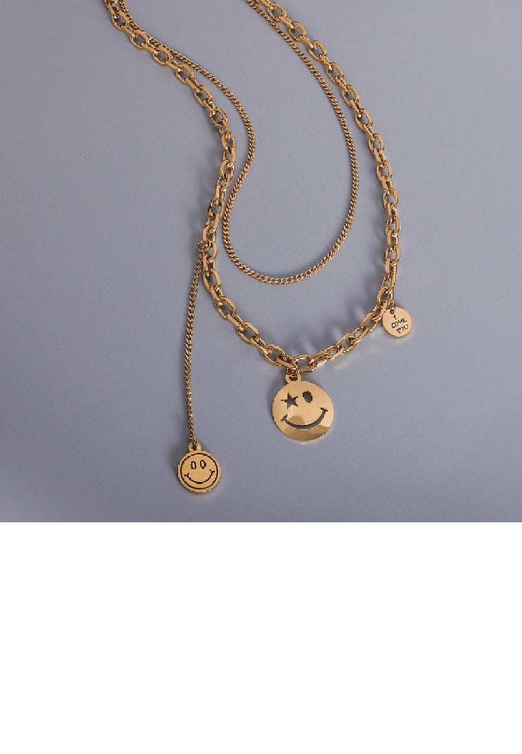 Fashion Temperament Plated Gold 316L Stainless Steel Smiley Geometric Round Tassel Pendant with Double Layer Necklace