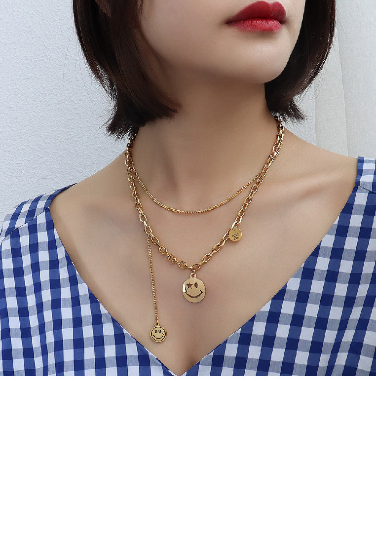 Fashion Temperament Plated Gold 316L Stainless Steel Smiley Geometric Round Tassel Pendant with Double Layer Necklace