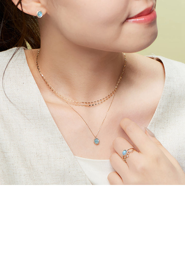 925 Sterling Silver Plated Gold Fashion Simple Twist Geometric Oval Blue Cubic Zirconia Pendant with Necklace - Luxurious Look