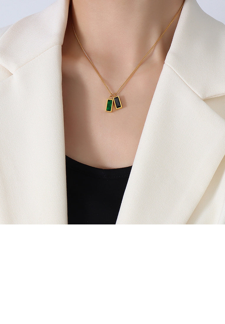 Fashion Simple Plated Gold 316L Stainless Steel Geometric Square Pendant with Cubic Zirconia and Necklace - Luxurious Look