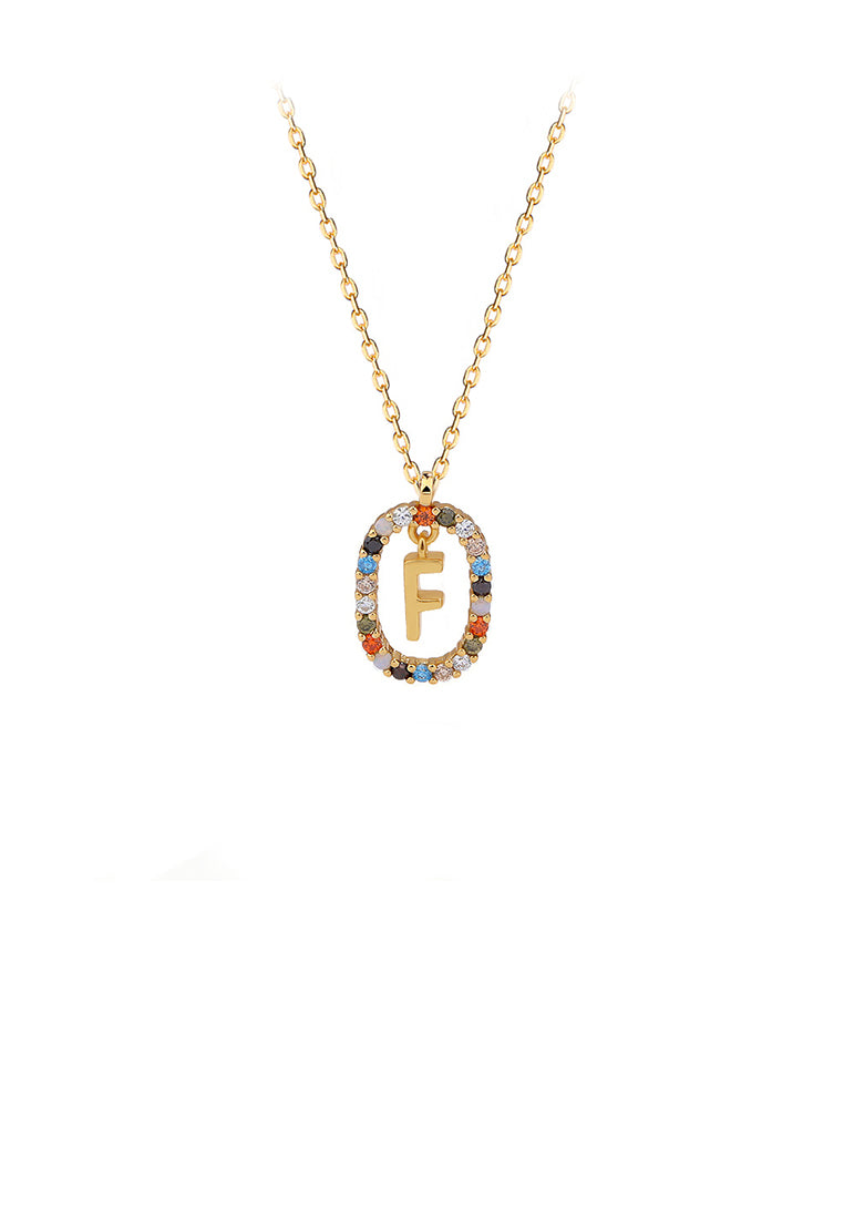 925 Sterling Silver Plated Gold Fashion Personality Alphabet F Hollow Geometric Oval Pendant with Colorful Cubic Zirconia and Necklace - Luxurious Look