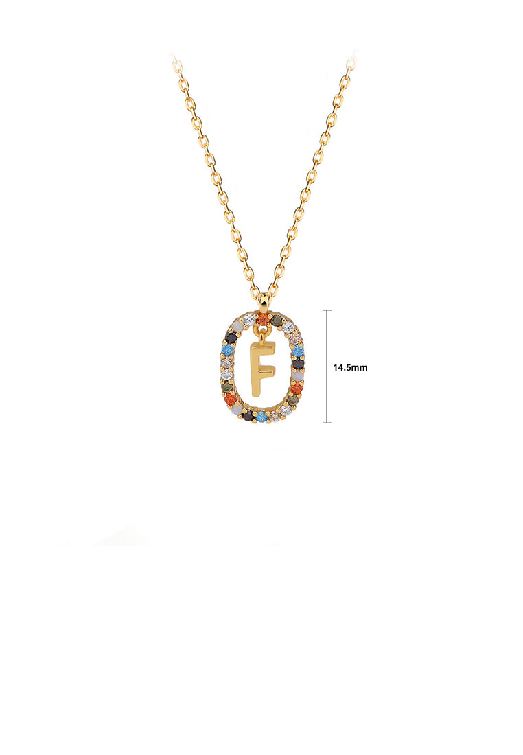 925 Sterling Silver Plated Gold Fashion Personality Alphabet F Hollow Geometric Oval Pendant with Colorful Cubic Zirconia and Necklace - Luxurious Look