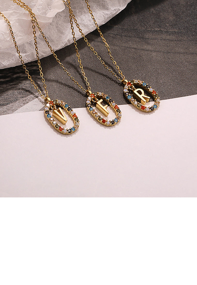 925 Sterling Silver Plated Gold Fashion Personality Alphabet F Hollow Geometric Oval Pendant with Colorful Cubic Zirconia and Necklace - Luxurious Look