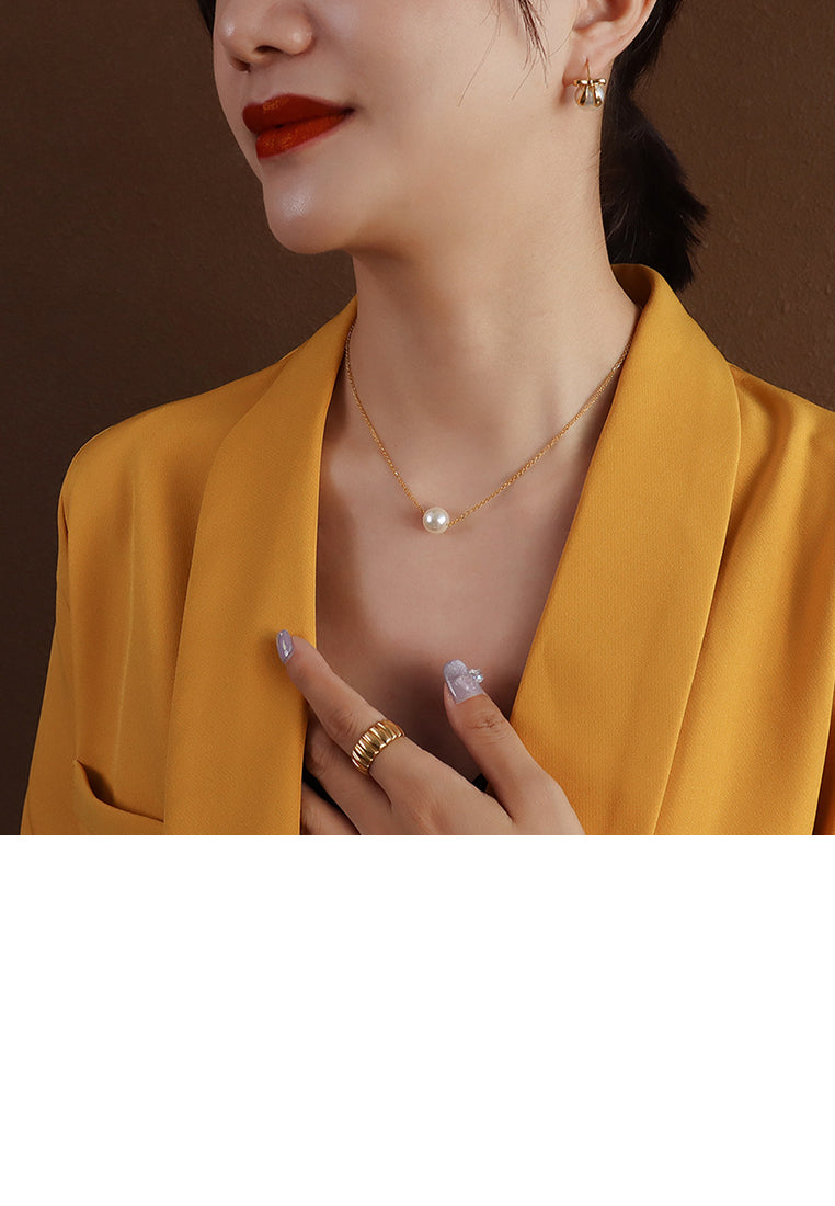 Simple and Elegant Plated Gold Geometric Imitation Pearl Pendant with 316L Stainless Steel Necklace - Luxurious Look