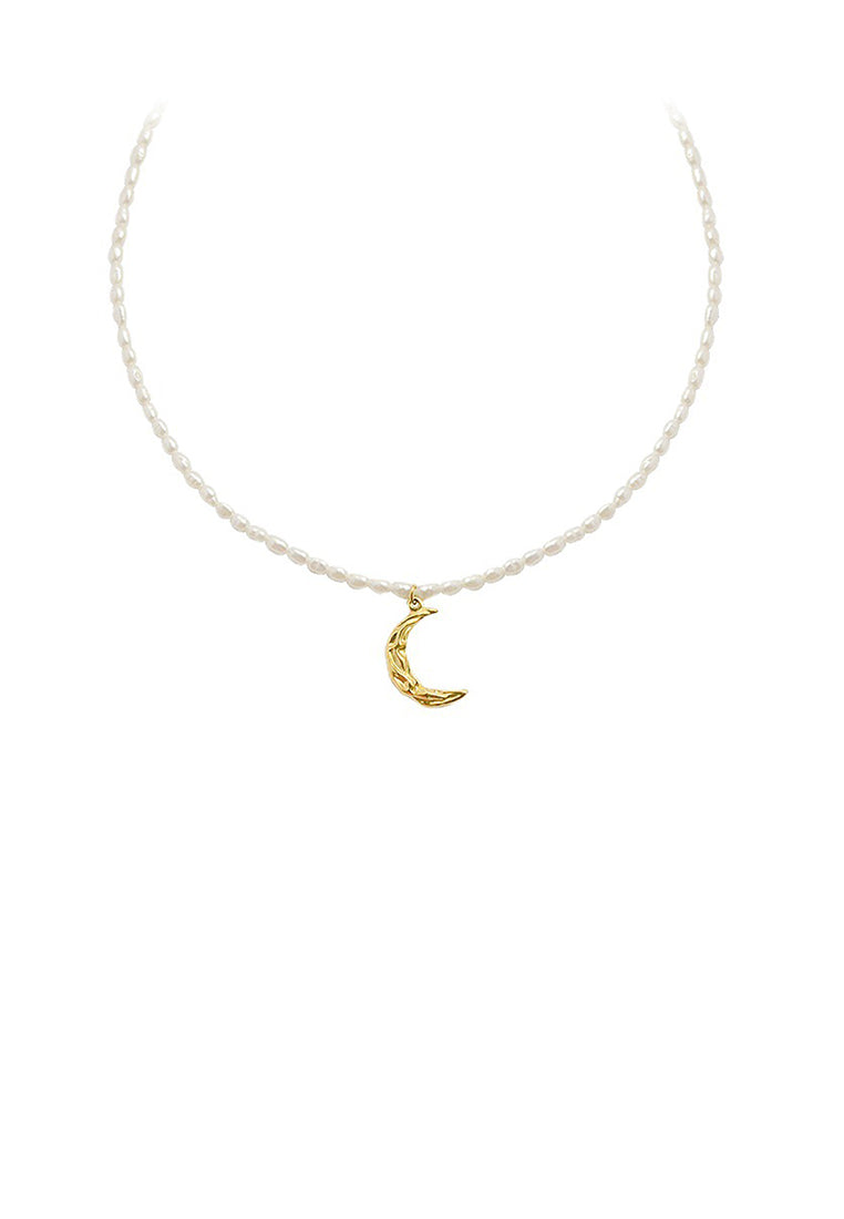 Fashion Elegant Plated Gold 316L Stainless Steel Moon Pendant with Imitation Pearl Necklace - Luxurious Look