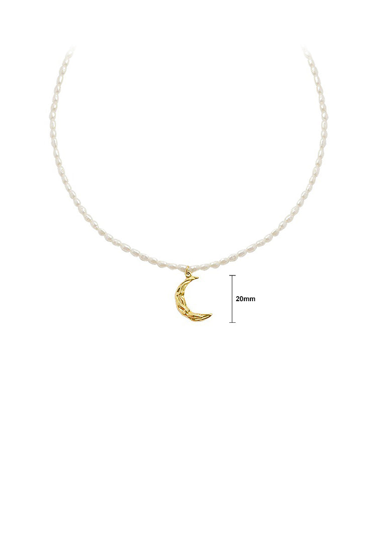 Fashion Elegant Plated Gold 316L Stainless Steel Moon Pendant with Imitation Pearl Necklace - Luxurious Look