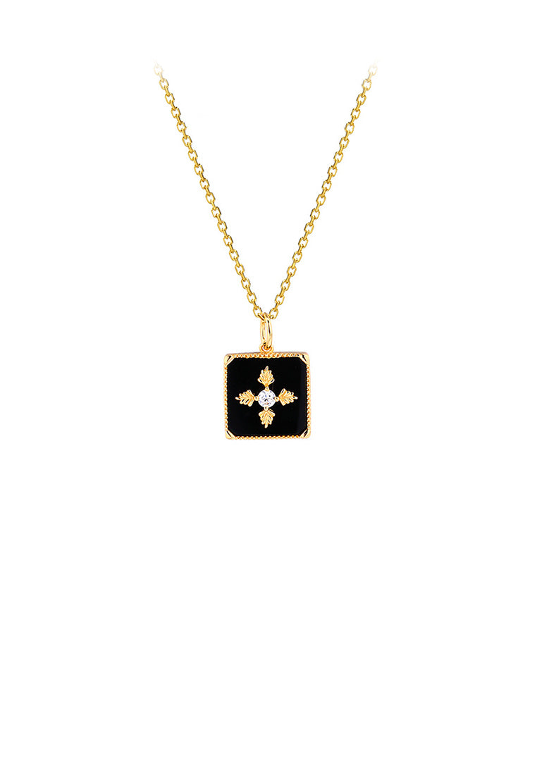 925 Sterling Silver Plated Gold Simple Vintage Leaf Pattern Geometric Square Pendant with Cubic Zirconia and Necklace - Luxurious Look