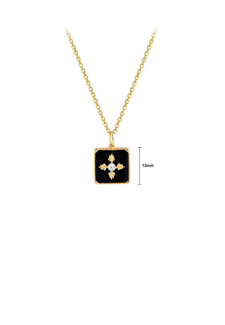 925 Sterling Silver Plated Gold Simple Vintage Leaf Pattern Geometric Square Pendant with Cubic Zirconia and Necklace - Luxurious Look