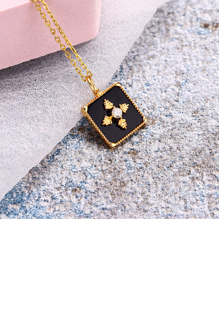 925 Sterling Silver Plated Gold Simple Vintage Leaf Pattern Geometric Square Pendant with Cubic Zirconia and Necklace - Luxurious Look