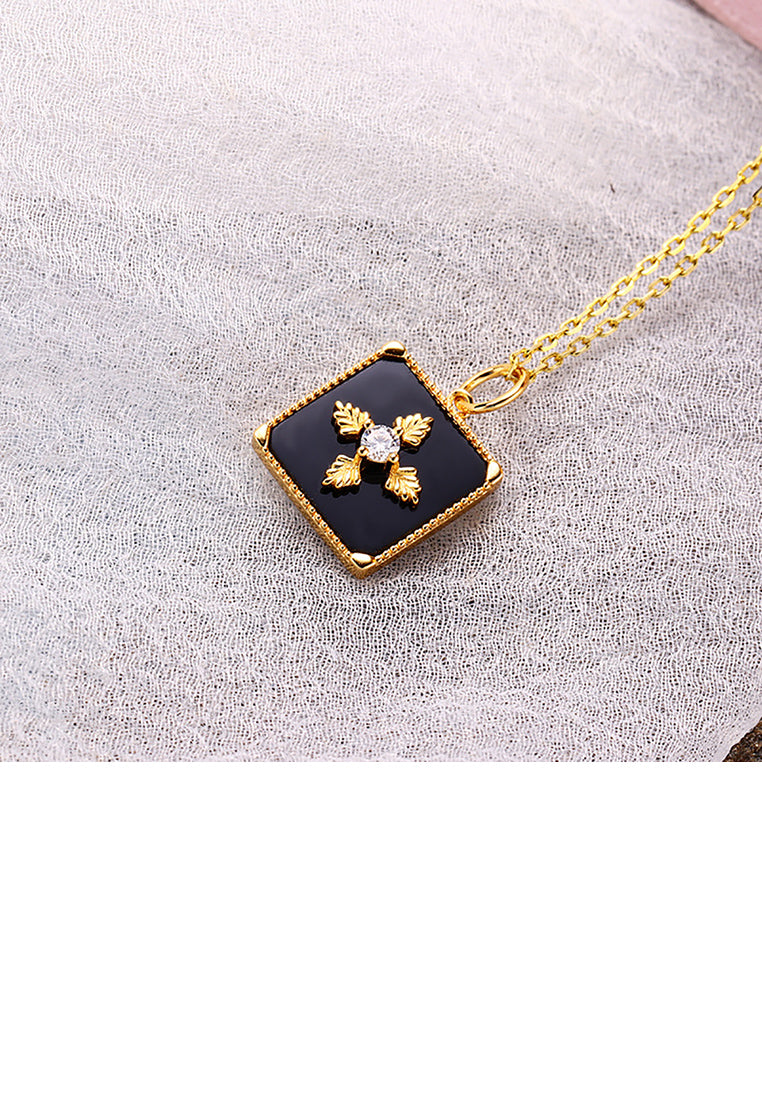 925 Sterling Silver Plated Gold Simple Vintage Leaf Pattern Geometric Square Pendant with Cubic Zirconia and Necklace - Luxurious Look
