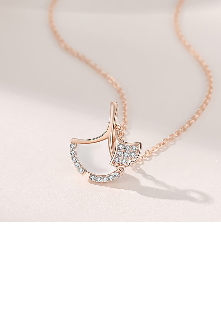 925 Sterling Silver Plated Rose Gold Fashion Simple Ginkgo Leaf Pendant with Cubic Zirconia and Necklace - Luxurious Look