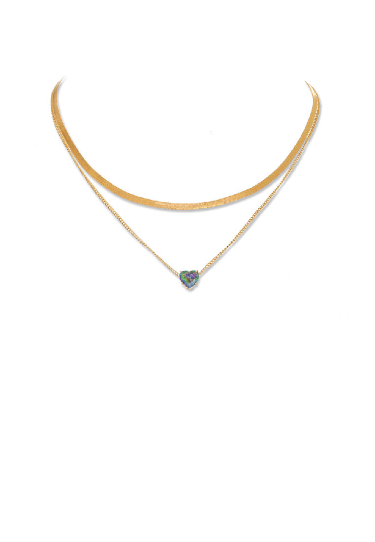 Fashion Simple Plated Gold Heart Cubic Zirconia Pendant with Double Layer Necklace - Luxurious Look