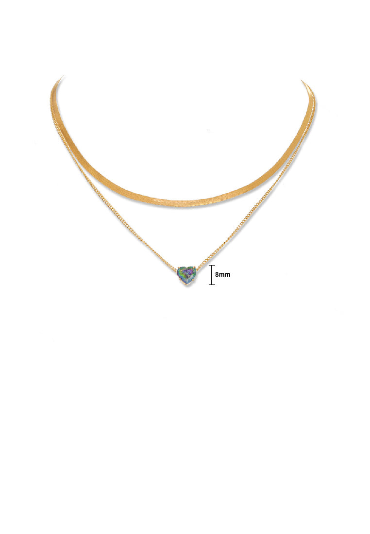Fashion Simple Plated Gold Heart Cubic Zirconia Pendant with Double Layer Necklace - Luxurious Look
