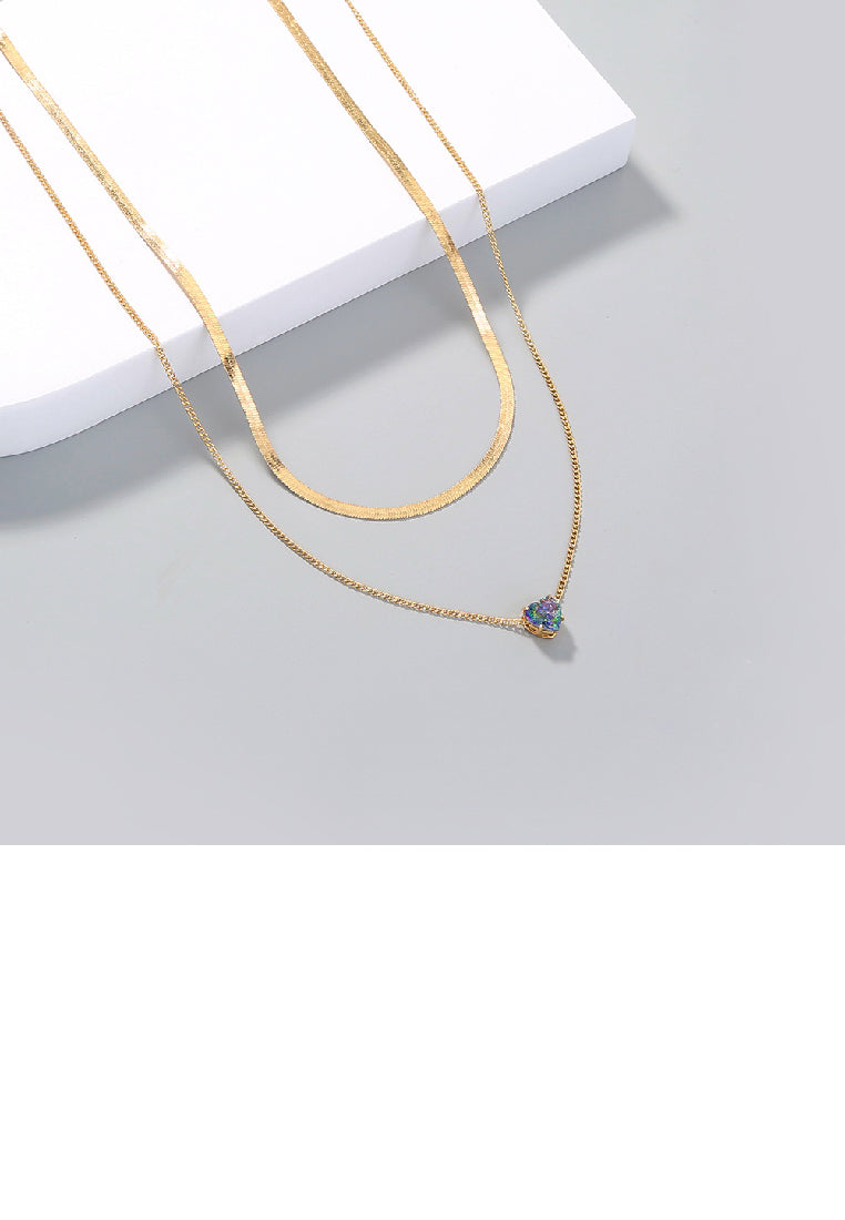 Fashion Simple Plated Gold Heart Cubic Zirconia Pendant with Double Layer Necklace - Luxurious Look