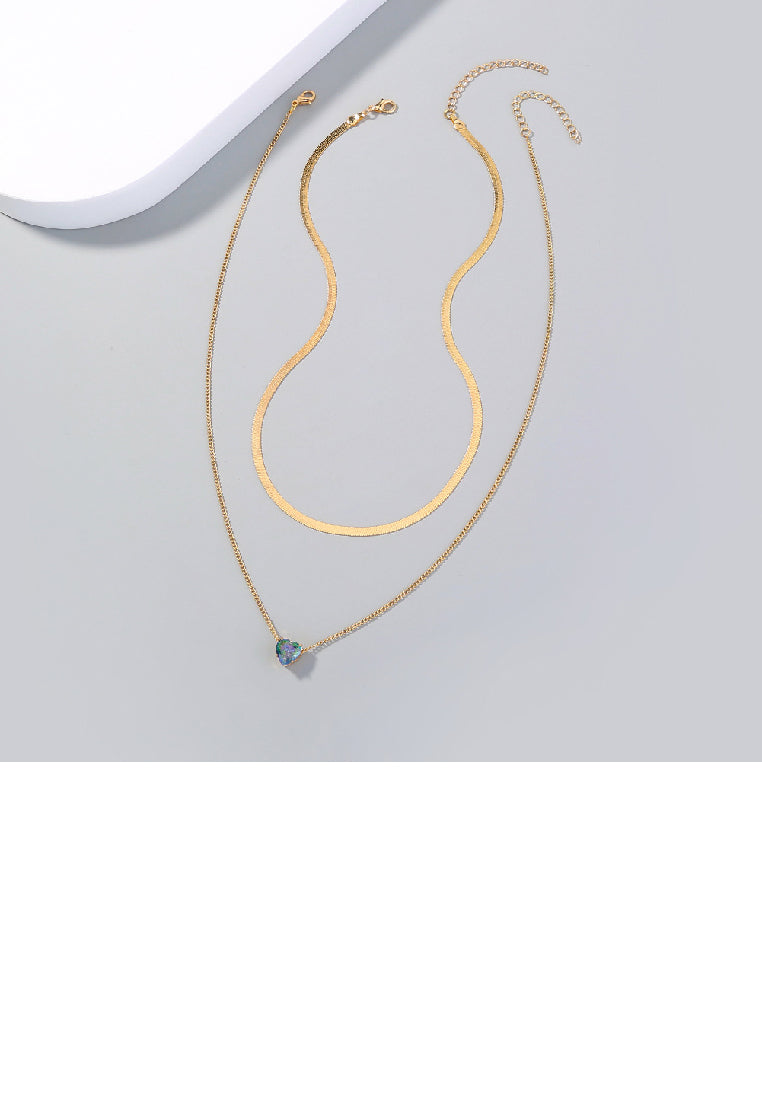 Fashion Simple Plated Gold Heart Cubic Zirconia Pendant with Double Layer Necklace - Luxurious Look