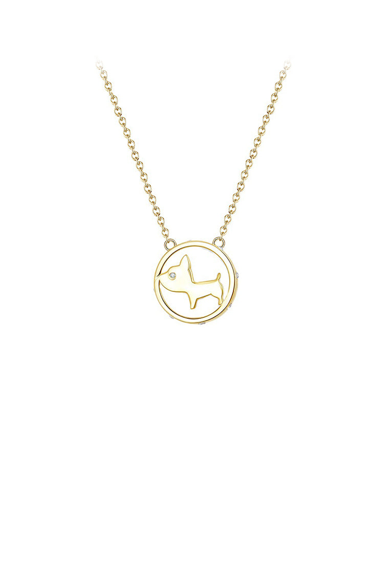 925 Sterling Silver Plated Gold Fashion Cute Dog Mother Of Pearl Geometric Round Pendant with Cubic Zirconia and Necklace - Luxurious Look