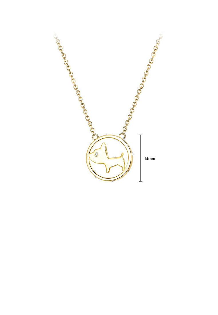 925 Sterling Silver Plated Gold Fashion Cute Dog Mother Of Pearl Geometric Round Pendant with Cubic Zirconia and Necklace - Luxurious Look