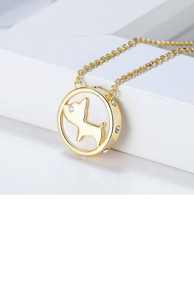 925 Sterling Silver Plated Gold Fashion Cute Dog Mother Of Pearl Geometric Round Pendant with Cubic Zirconia and Necklace - Luxurious Look