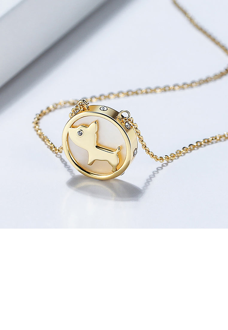 925 Sterling Silver Plated Gold Fashion Cute Dog Mother Of Pearl Geometric Round Pendant with Cubic Zirconia and Necklace - Luxurious Look