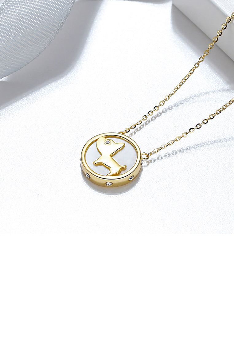 925 Sterling Silver Plated Gold Fashion Cute Dog Mother Of Pearl Geometric Round Pendant with Cubic Zirconia and Necklace - Luxurious Look