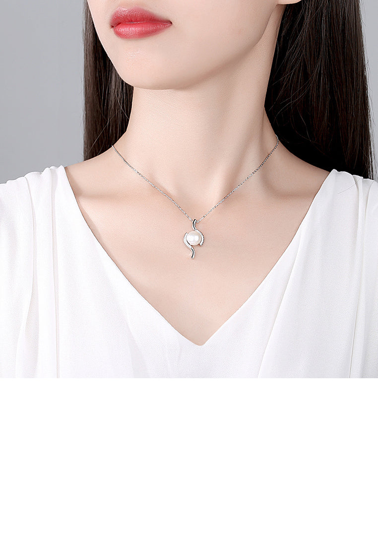 925 Sterling Silver Fashion and Elegant Water Drop-shaped Freshwater Pearl Pendant with Cubic Zirconia and Necklace - Luxurious Look