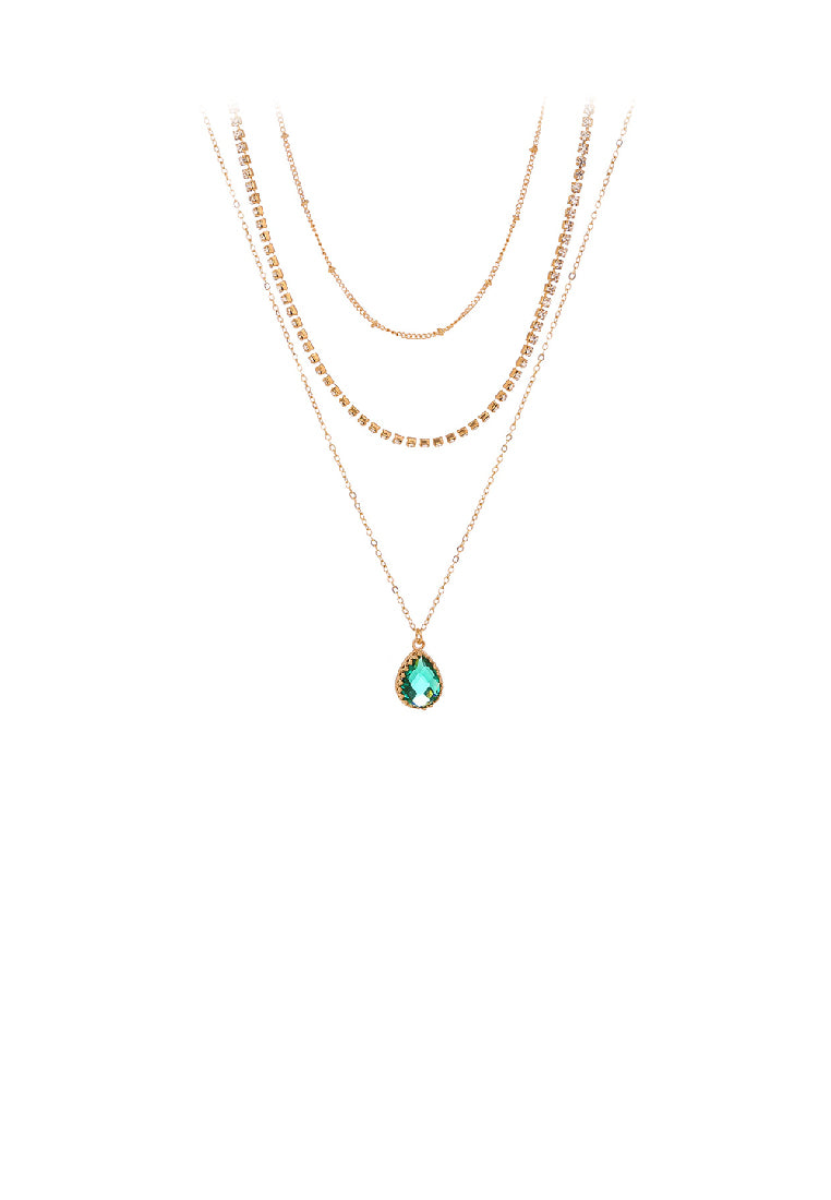 Simple and Elegant Plated Gold Geometric Water Drop Pendant with Cubic Zirconia and Multilayer Necklace - Luxurious Look