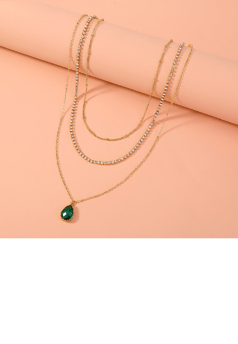 Simple and Elegant Plated Gold Geometric Water Drop Pendant with Cubic Zirconia and Multilayer Necklace - Luxurious Look