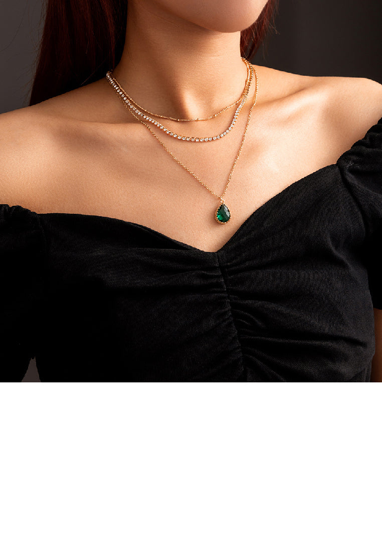 Simple and Elegant Plated Gold Geometric Water Drop Pendant with Cubic Zirconia and Multilayer Necklace - Luxurious Look