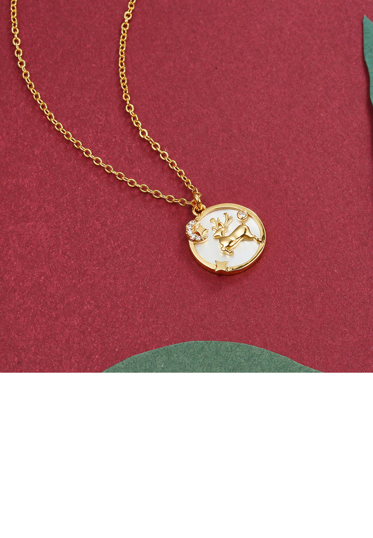 Christmas Golden Elk Pendant with Shells and Necklace
