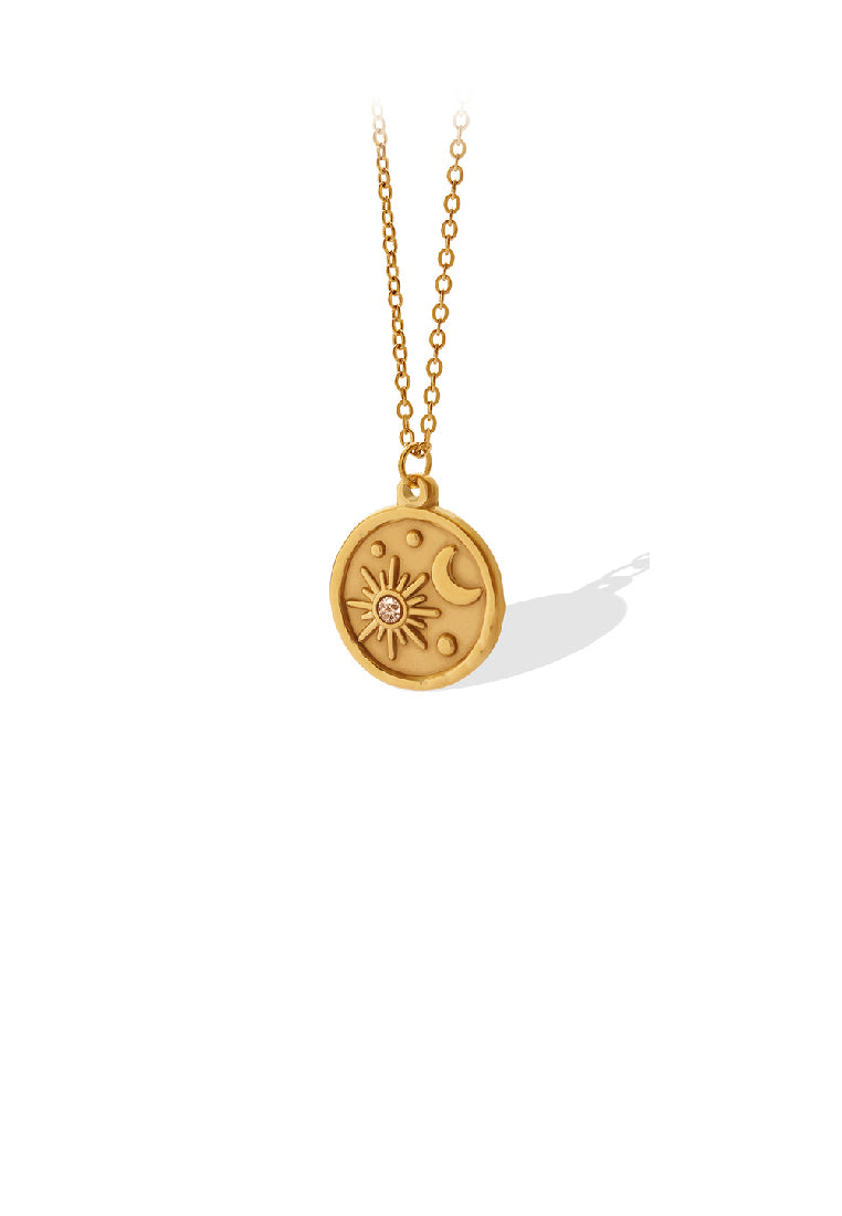 Fashion Temperament Plated Gold 316L Stainless Steel Sun Moon Geometric Round Pendant with Cubic Zirconia and Necklace - Luxurious Look