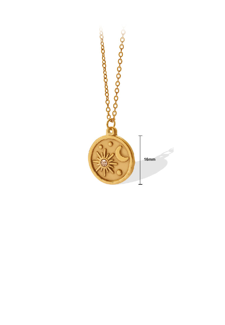 Fashion Temperament Plated Gold 316L Stainless Steel Sun Moon Geometric Round Pendant with Cubic Zirconia and Necklace - Luxurious Look