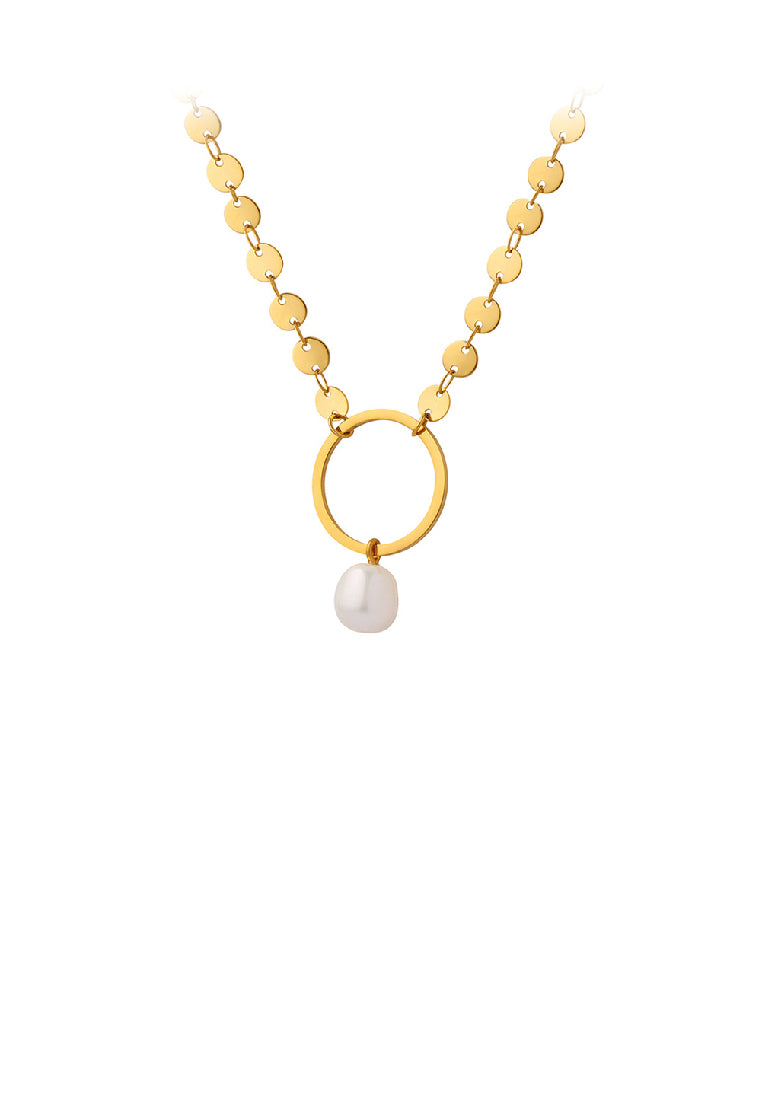 Simple Fashion Plated Gold 316L Stainless Steel Geometric Circle Imitation Pearl Pendant with Disc Necklace - Luxurious Look