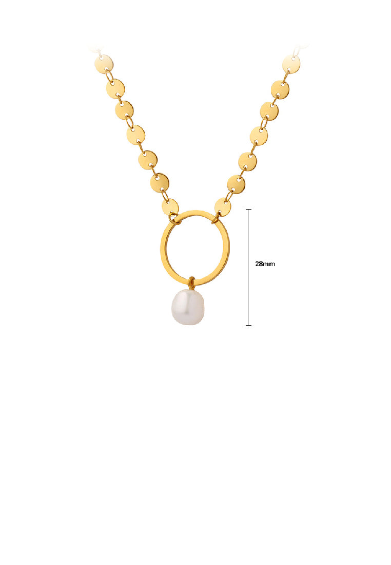Simple Fashion Plated Gold 316L Stainless Steel Geometric Circle Imitation Pearl Pendant with Disc Necklace - Luxurious Look