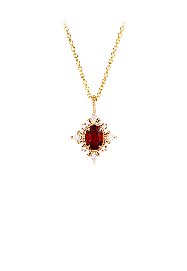 925 Sterling Silver Plated Gold Simple Vintage Geometric Diamond Pendant with Red Cubic Zirconia and Necklace - Luxurious Look - Vibrant Color