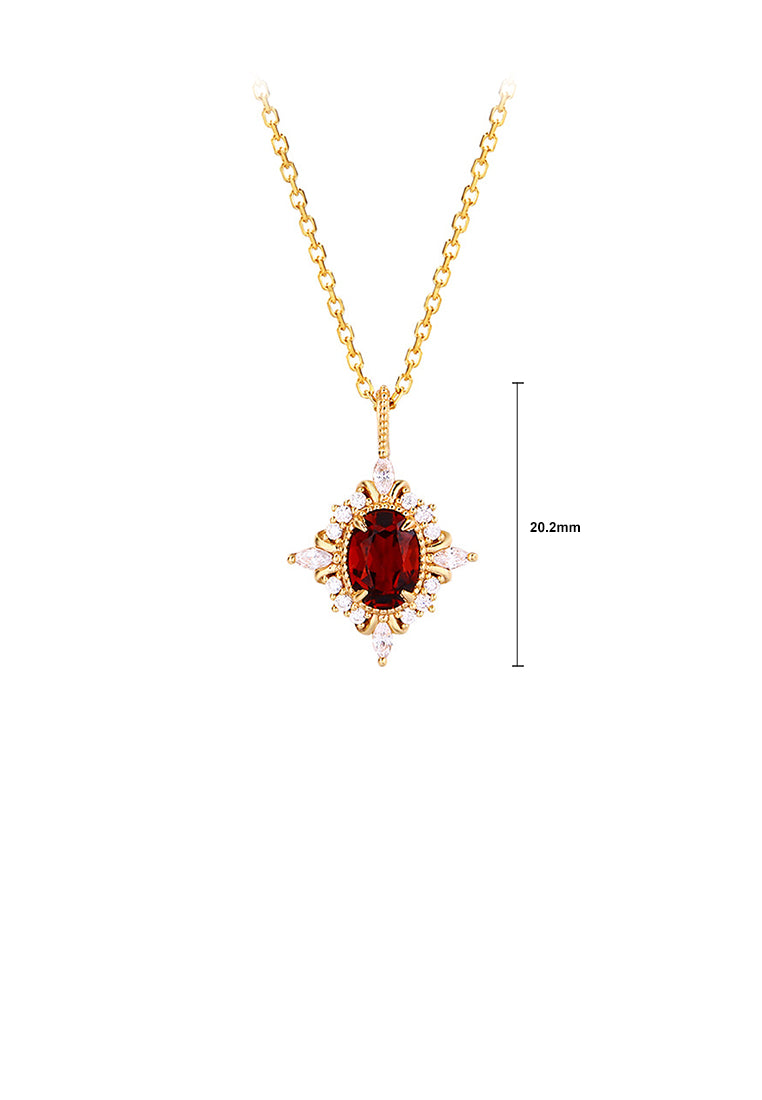925 Sterling Silver Plated Gold Simple Vintage Geometric Diamond Pendant with Red Cubic Zirconia and Necklace - Luxurious Look - Vibrant Color