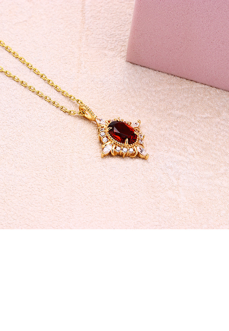 925 Sterling Silver Plated Gold Simple Vintage Geometric Diamond Pendant with Red Cubic Zirconia and Necklace - Luxurious Look - Vibrant Color
