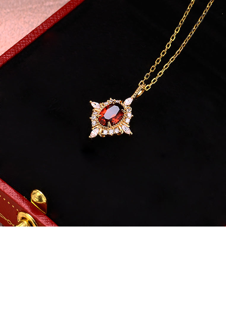 925 Sterling Silver Plated Gold Simple Vintage Geometric Diamond Pendant with Red Cubic Zirconia and Necklace - Luxurious Look - Vibrant Color