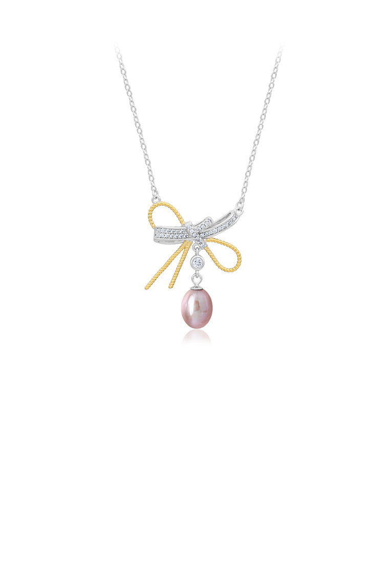 925 Sterling Silver Fashion Temperament Bowknot Purple Freshwater Pearl Pendant with Cubic Zirconia and Necklace - Luxurious Look