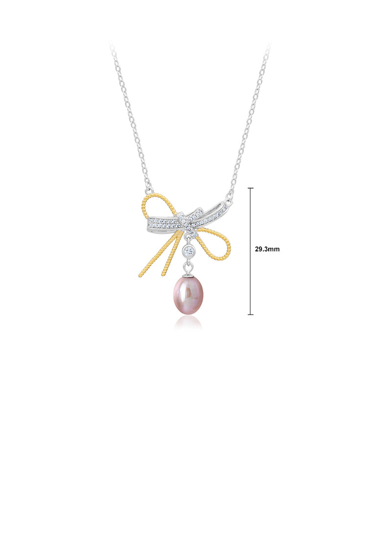 925 Sterling Silver Fashion Temperament Bowknot Purple Freshwater Pearl Pendant with Cubic Zirconia and Necklace - Luxurious Look