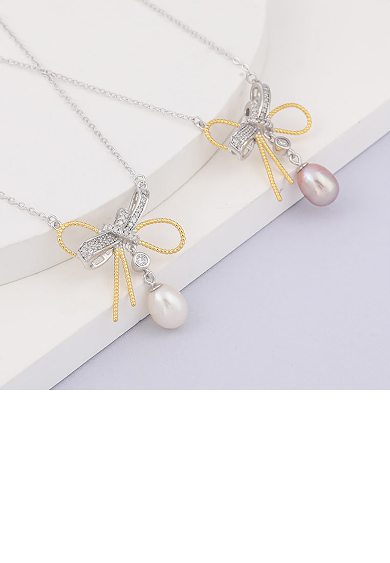 925 Sterling Silver Fashion Temperament Bowknot Purple Freshwater Pearl Pendant with Cubic Zirconia and Necklace - Luxurious Look