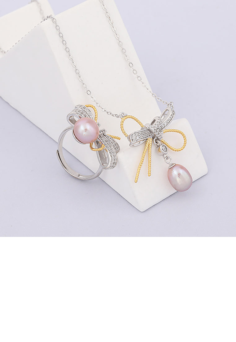 925 Sterling Silver Fashion Temperament Bowknot Purple Freshwater Pearl Pendant with Cubic Zirconia and Necklace - Luxurious Look