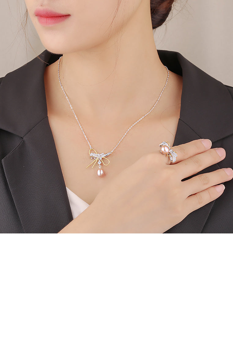 925 Sterling Silver Fashion Temperament Bowknot Purple Freshwater Pearl Pendant with Cubic Zirconia and Necklace - Luxurious Look