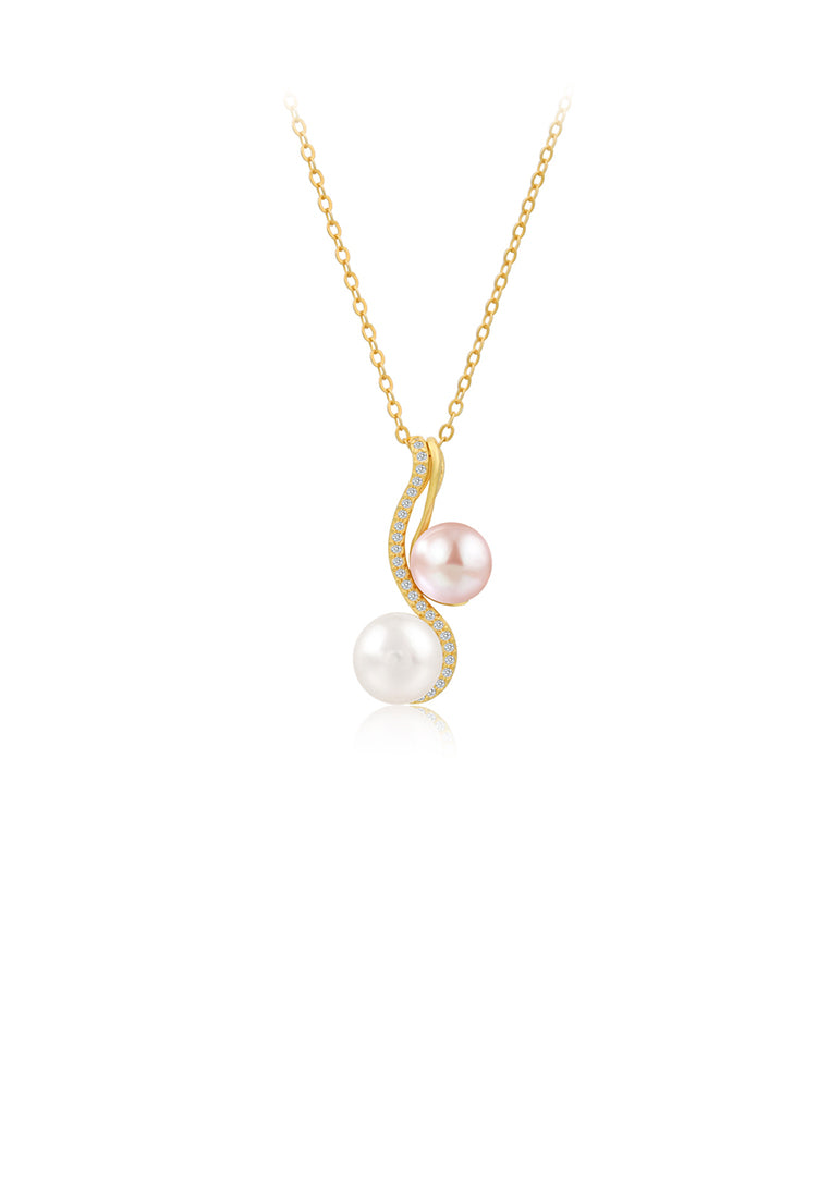 925 Sterling Silver Plated Gold Simple Temperament Geometric S-shaped Freshwater Pearl Pendant with Cubic Zirconia and Necklace - Luxurious Look