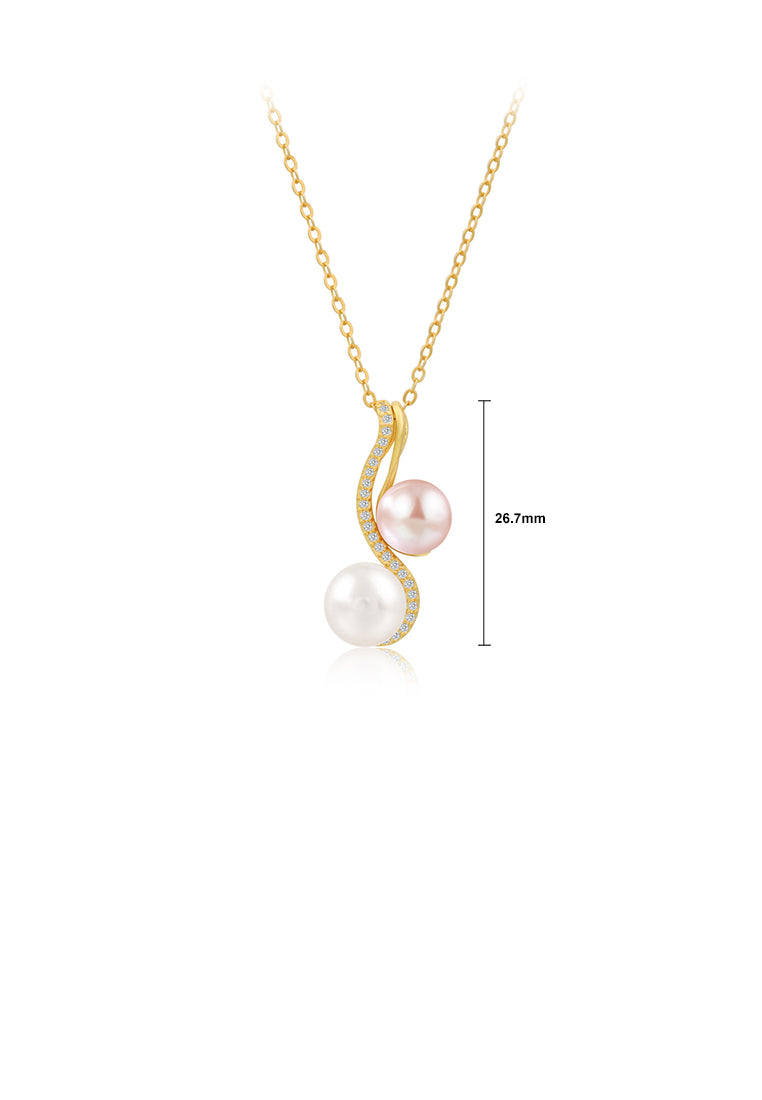 925 Sterling Silver Plated Gold Simple Temperament Geometric S-shaped Freshwater Pearl Pendant with Cubic Zirconia and Necklace - Luxurious Look