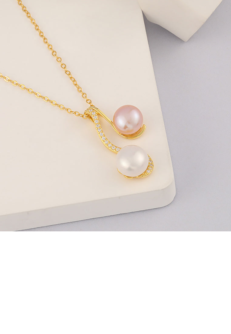 925 Sterling Silver Plated Gold Simple Temperament Geometric S-shaped Freshwater Pearl Pendant with Cubic Zirconia and Necklace - Luxurious Look