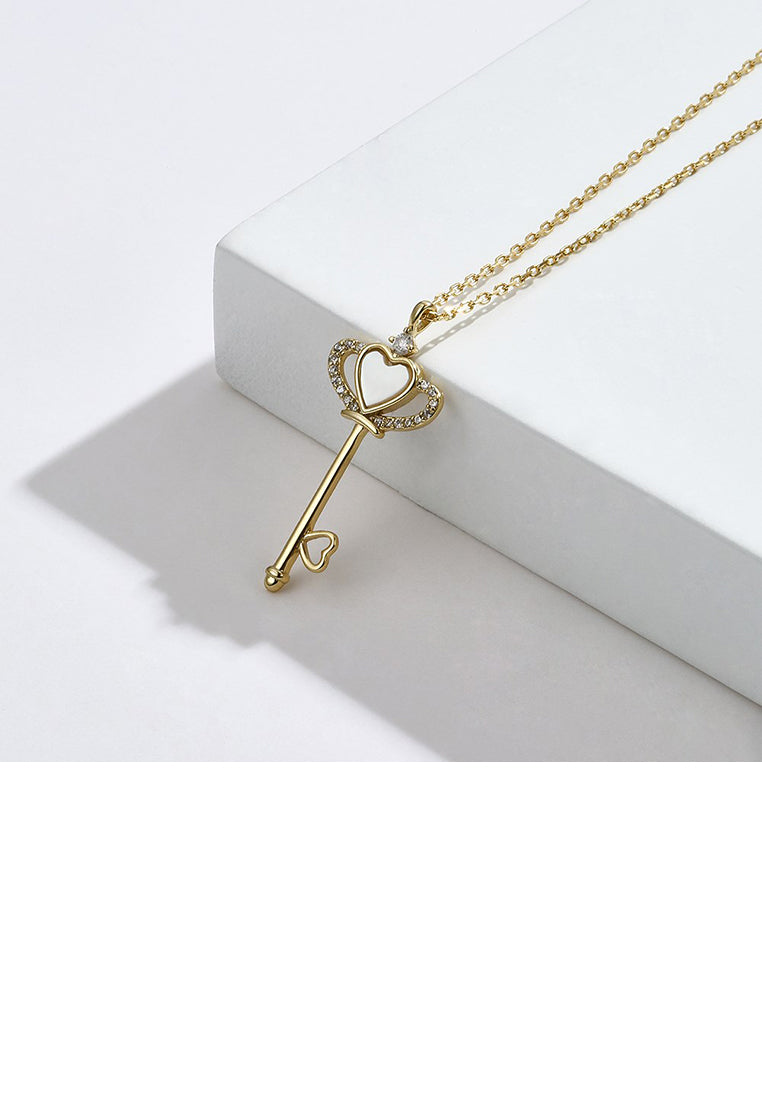 925 Sterling Silver Plated Gold Fashion Temperament Crown Key Pendant with Cubic Zirconia and Necklace - Luxurious Look