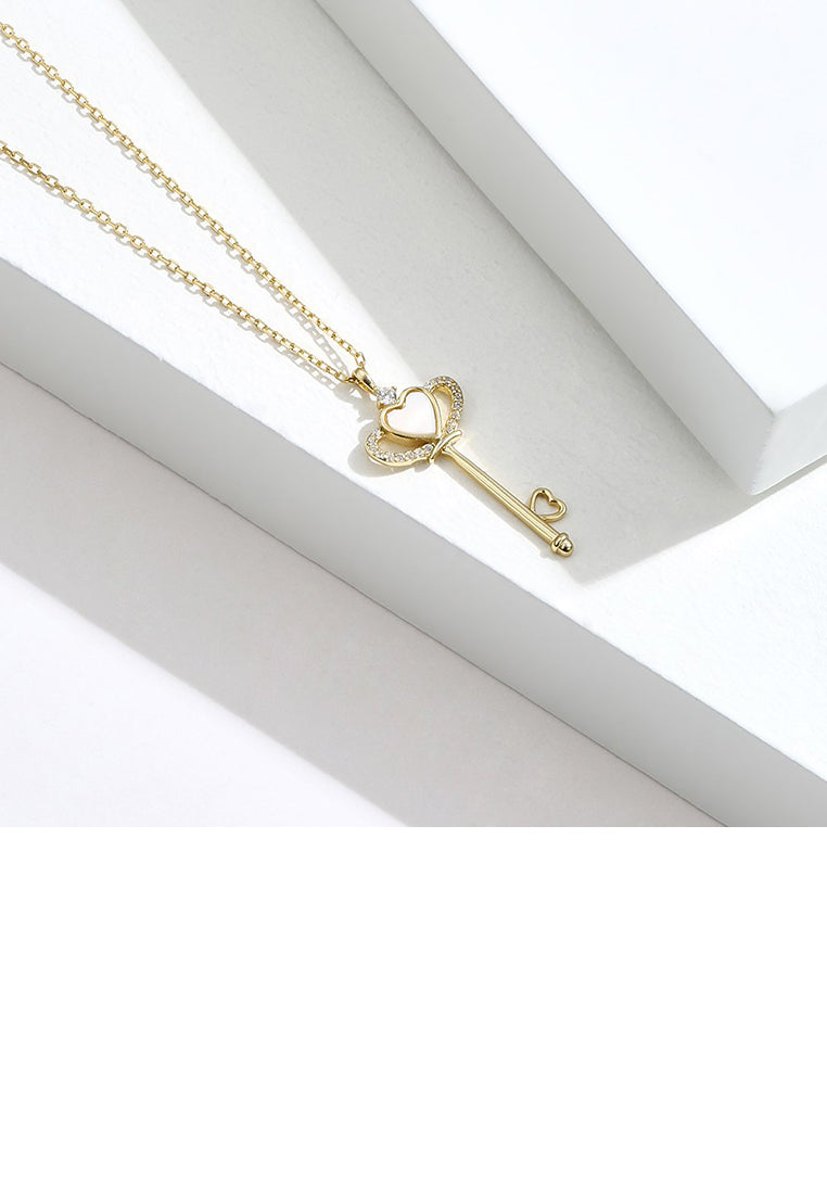 925 Sterling Silver Plated Gold Fashion Temperament Crown Key Pendant with Cubic Zirconia and Necklace - Luxurious Look