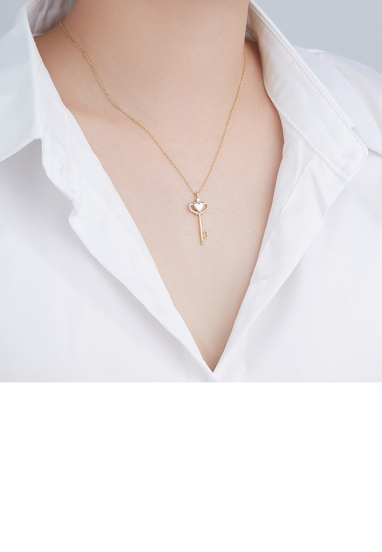 925 Sterling Silver Plated Gold Fashion Temperament Crown Key Pendant with Cubic Zirconia and Necklace - Luxurious Look