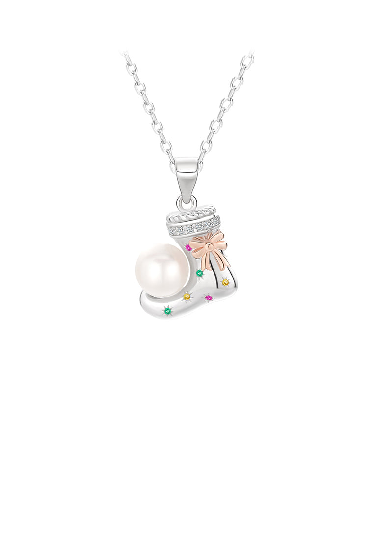 925 Sterling Silver Fashion Temperament Christmas Ribbon Socks Freshwater Pearl Pendant with Cubic Zirconia and Necklace - Luxurious Look