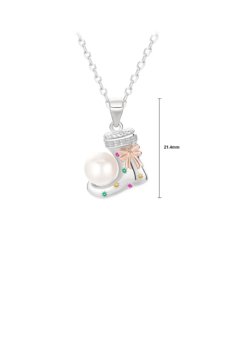 925 Sterling Silver Fashion Temperament Christmas Ribbon Socks Freshwater Pearl Pendant with Cubic Zirconia and Necklace - Luxurious Look